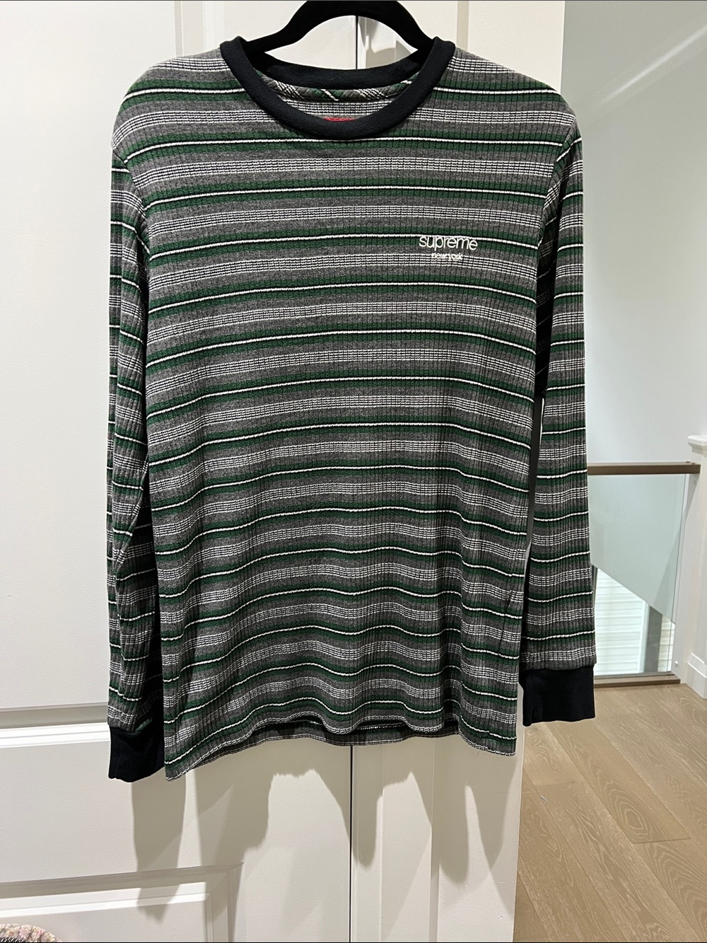 Supreme Ribbed Knit Stripe L/S Top in green, gray, and black